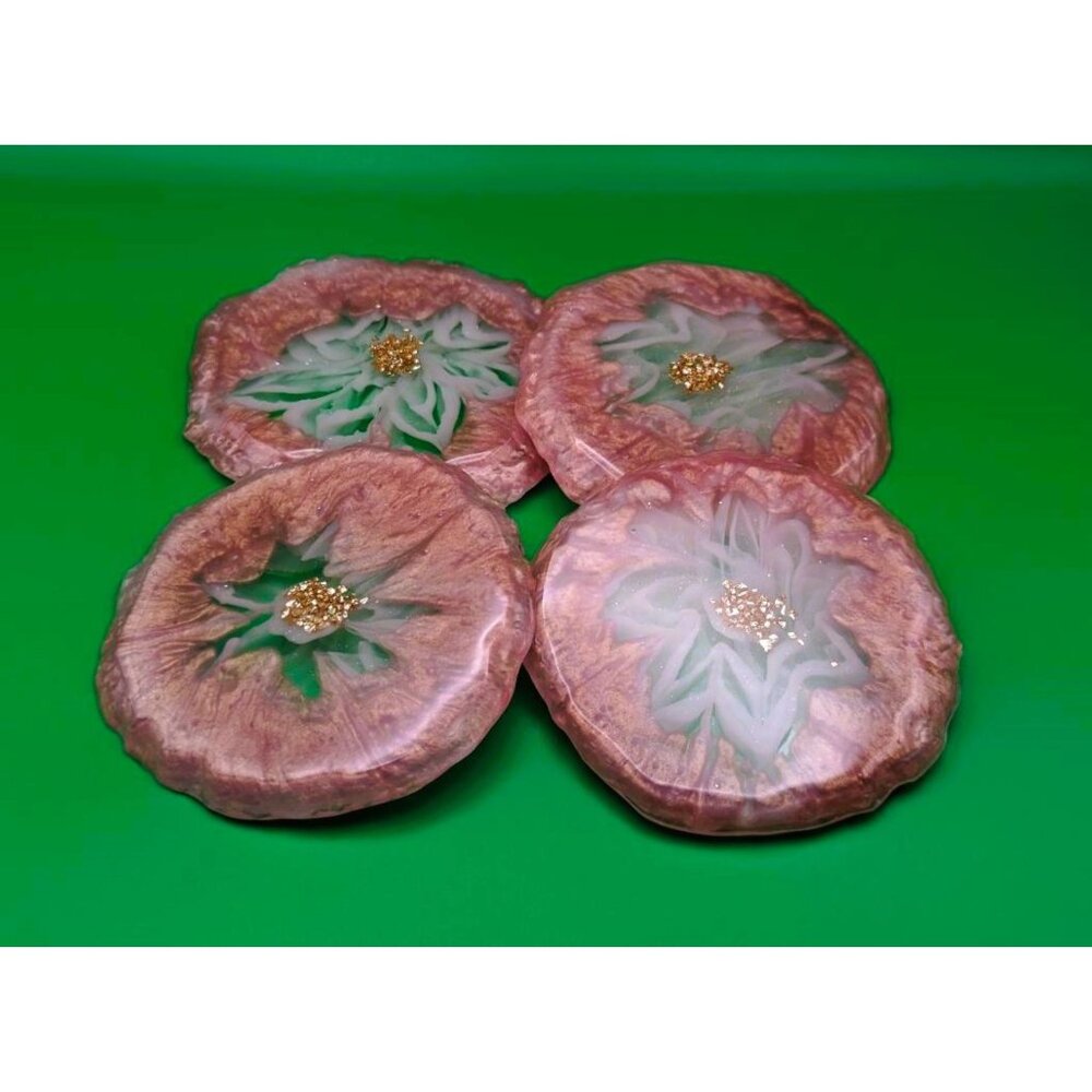 A Set of Four Coasters in Rose Gold, White and Clear Resin Floral Handmade NEW